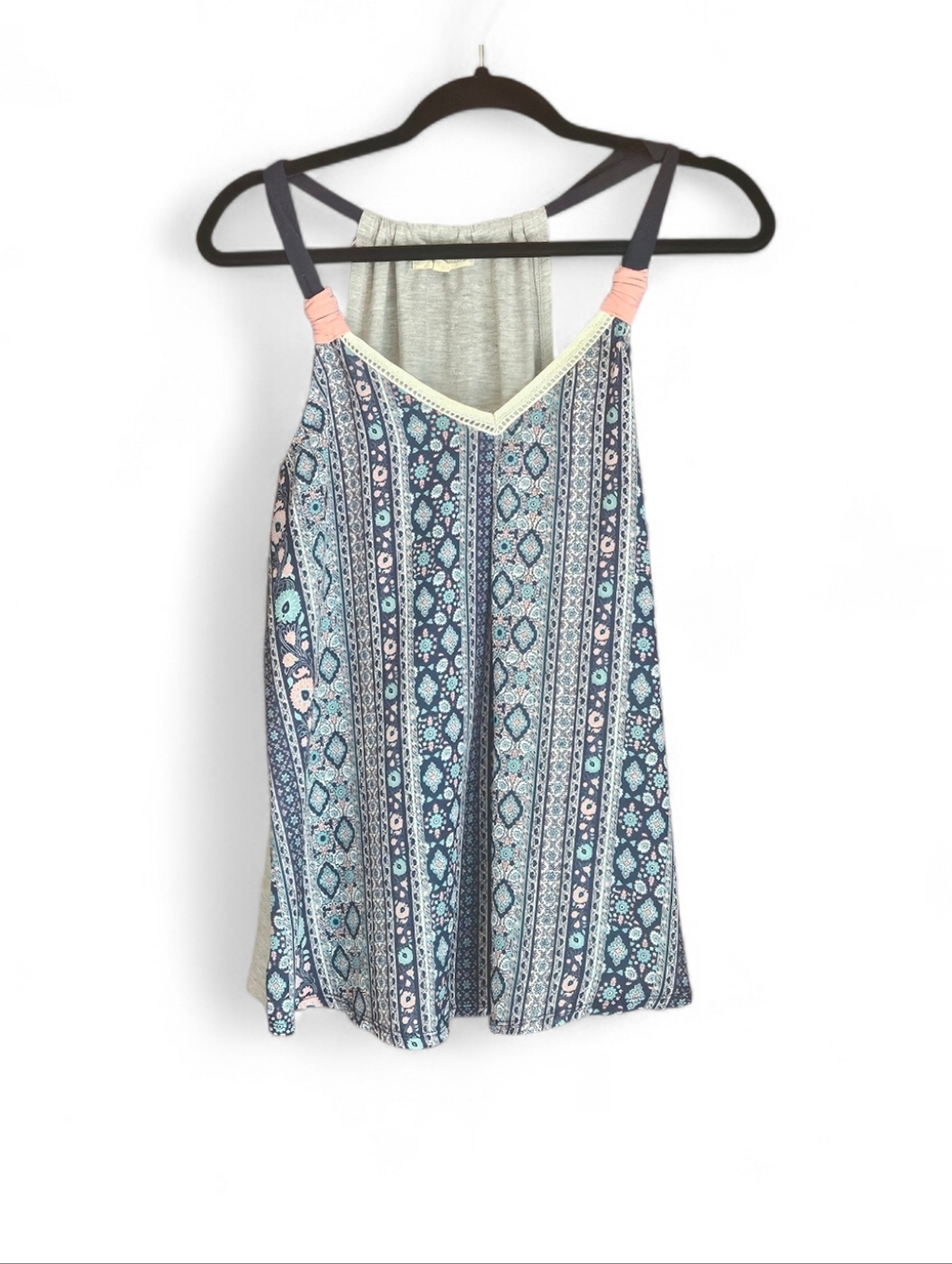 Rewind Boho Mixed Media Tank Top M Blue Pink Geometric Lace Trim